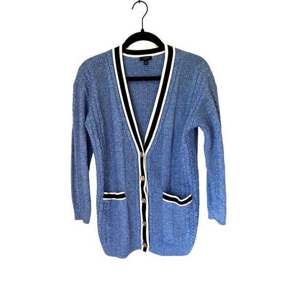 Talbots Cable Knit Cardigan - Tipped Cotton Blend Blue Tenniscore sz. Mp - Picture 3 of 8